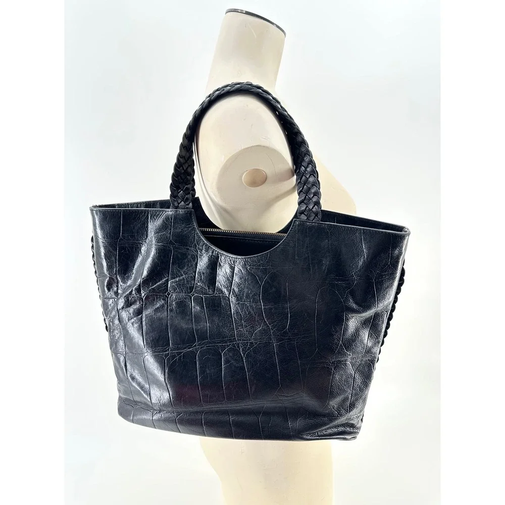 Falor Le Borse Black Croc Embossed Leather Tote Braided Handle Shoulder Bag
